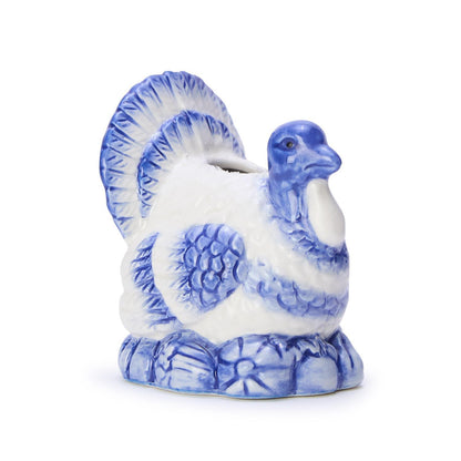 S/2, Blue and White Hand-Painted Turkey Candleholders