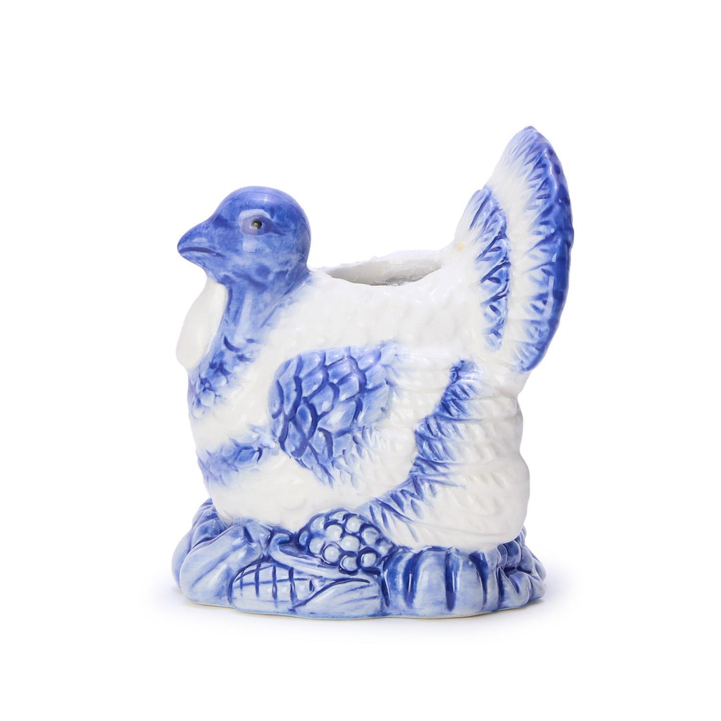 S/2, Blue and White Hand-Painted Turkey Candleholders