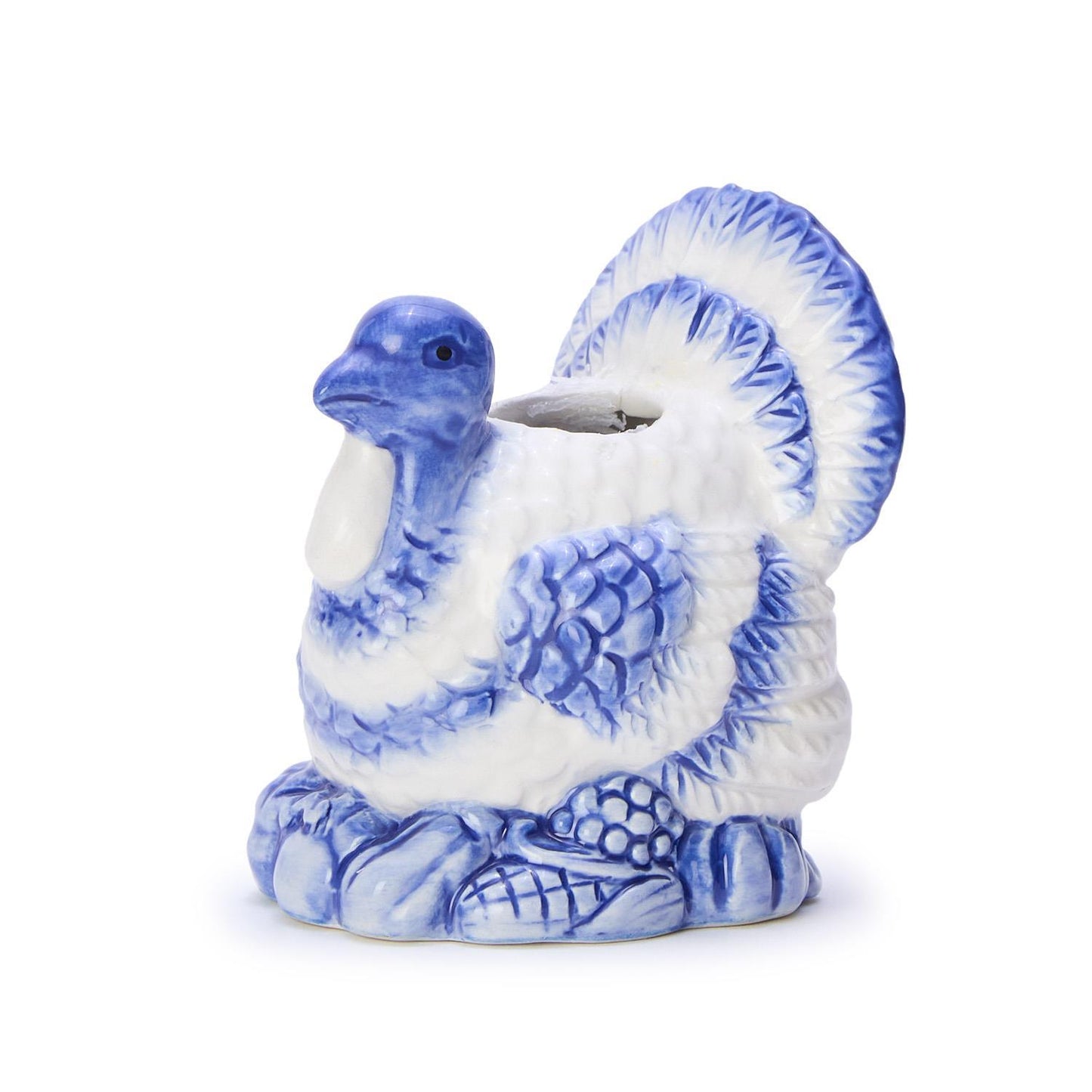 S/2, Blue and White Hand-Painted Turkey Candleholders