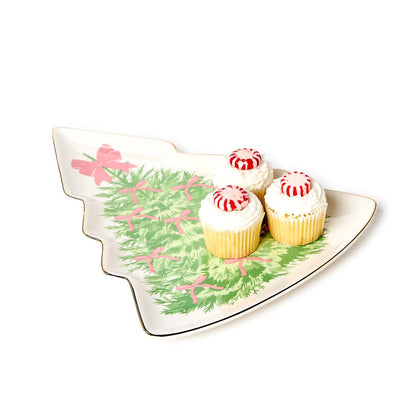 Bow-tiful Trees Christmas Tree Shape Plate with Gold Metallic Rim