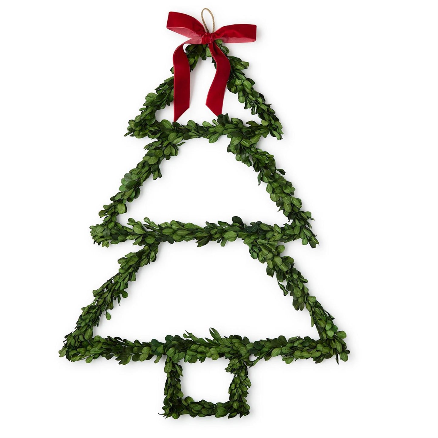 Preserved Natural Boxwood Leaves Hand-Crafted Tree with Red Velvet Bow