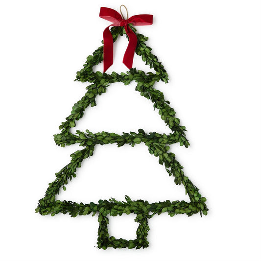 Preserved Natural Boxwood Leaves Hand-Crafted Tree with Red Velvet Bow