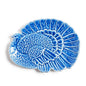 Blue reactive glaze stoneware turkey platter with sculpted feathers