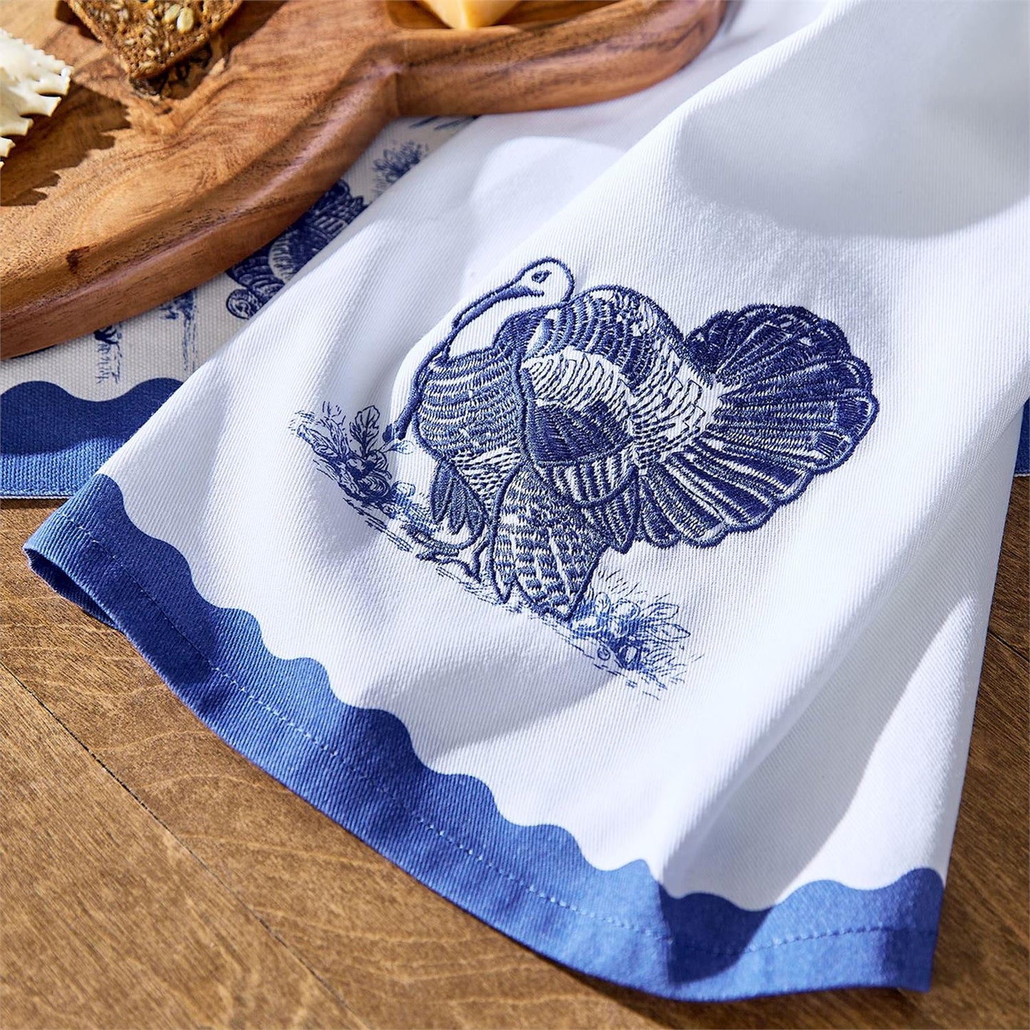 Turkey Falling for Blue Toile Set of 2 Dish Towels