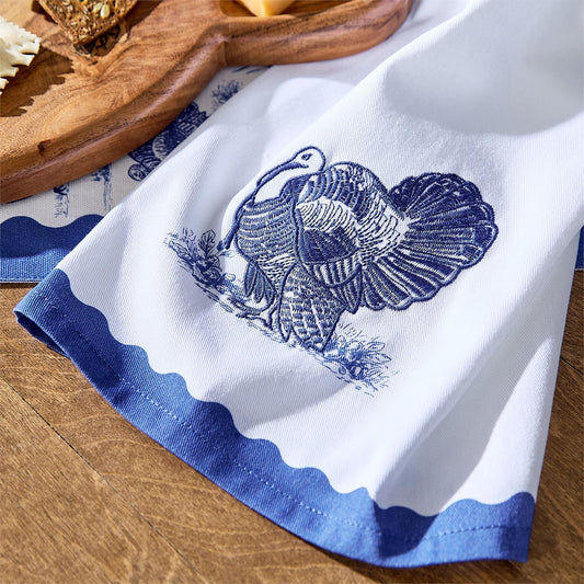 Turkey Falling for Blue Toile Set of 2 Dish Towels