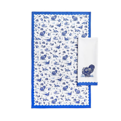 Turkey Falling for Blue Toile Set of 2 Dish Towels