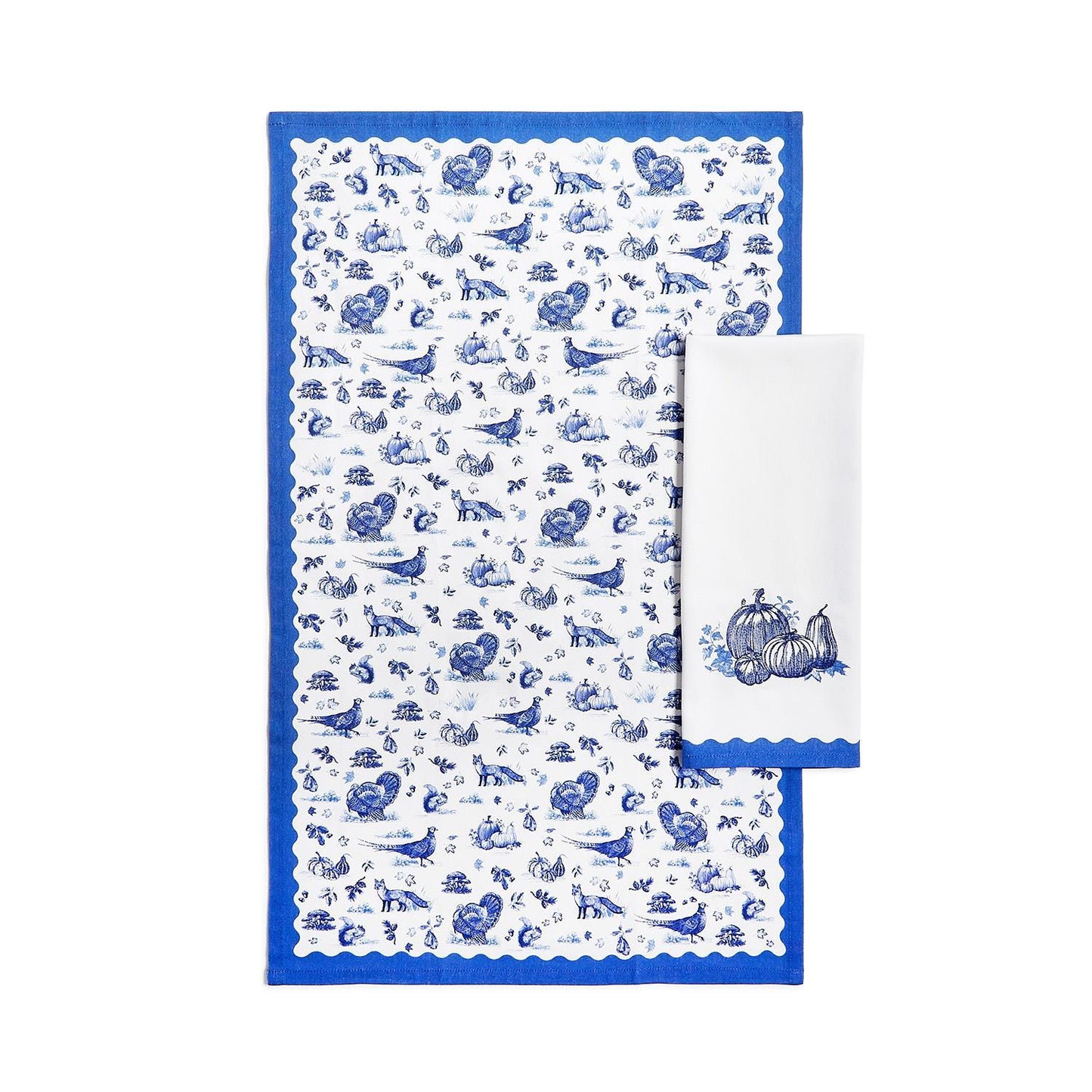 Pumpkin Falling for Blue Toile Set of 2 Dish Towels