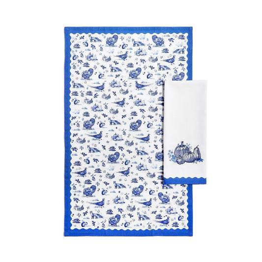 Pumpkin Falling for Blue Toile Set of 2 Dish Towels
