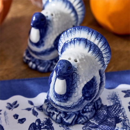 Blue and White Hand-Painted Turkey Salt and Pepper Shaker Set with Tray