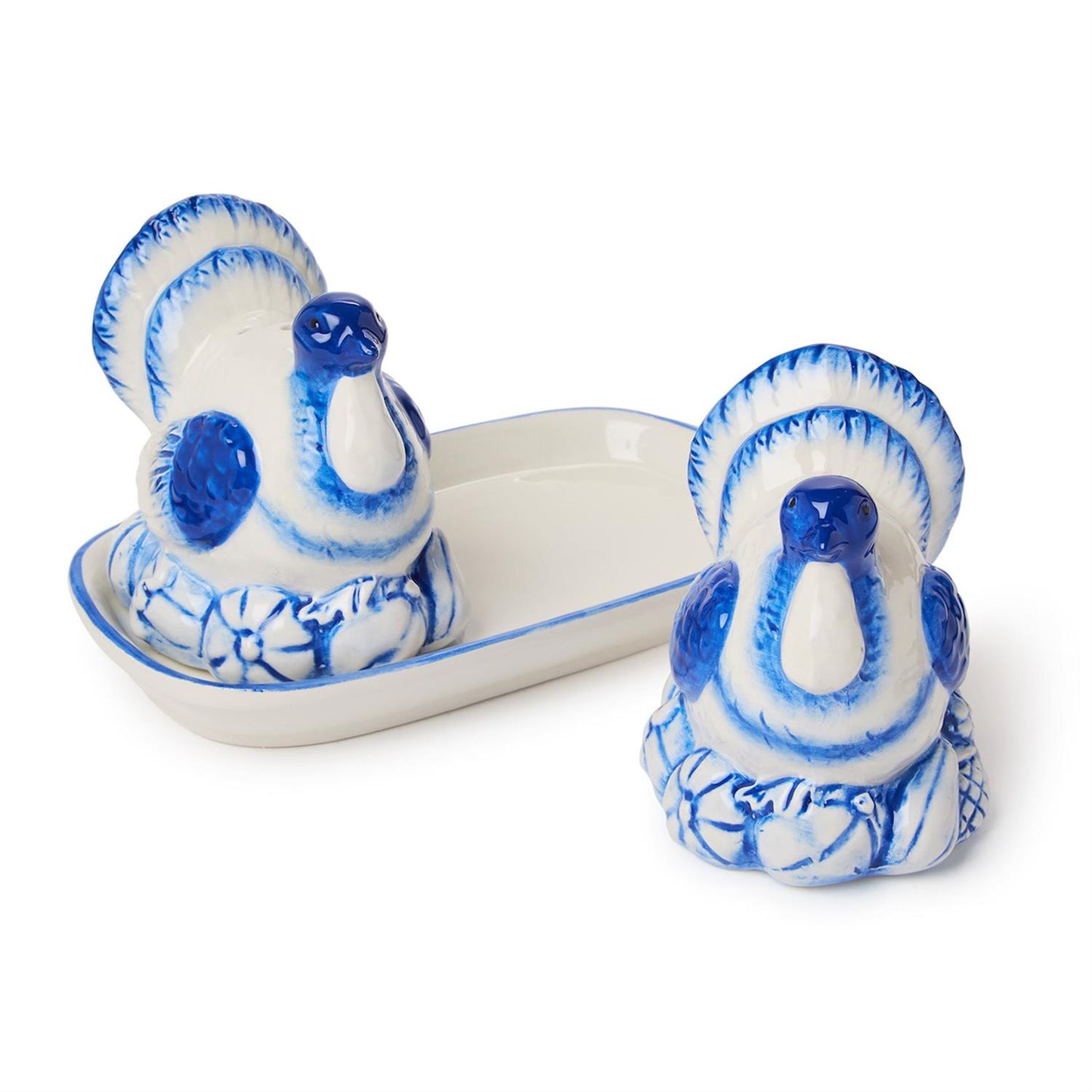Blue and White Hand-Painted Turkey Salt and Pepper Shaker Set with Tray