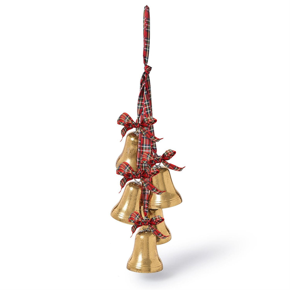 Hanging decor of five gold Christmas bells on red plaid ribbon