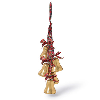 Hanging decor of five gold Christmas bells on red plaid ribbon