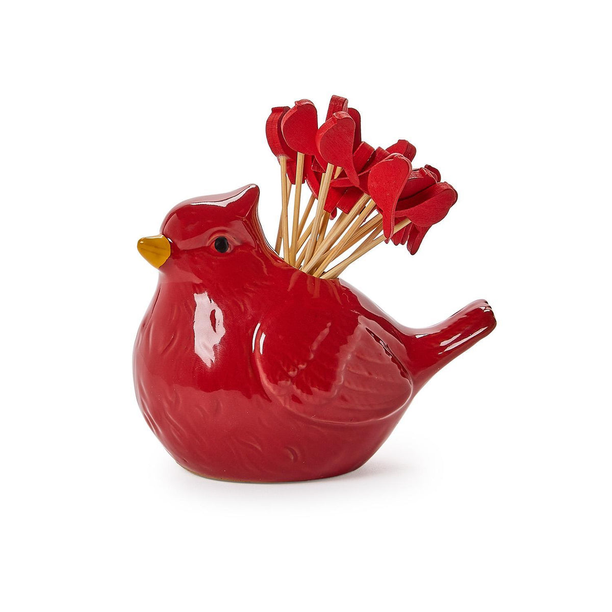 Red ceramic cardinal cocktail pick holder filled with red cocktail picks