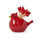 Red ceramic cardinal cocktail pick holder filled with red cocktail picks