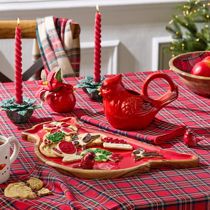 Cardinal cocktail pick holder on a Christmas appetizer table