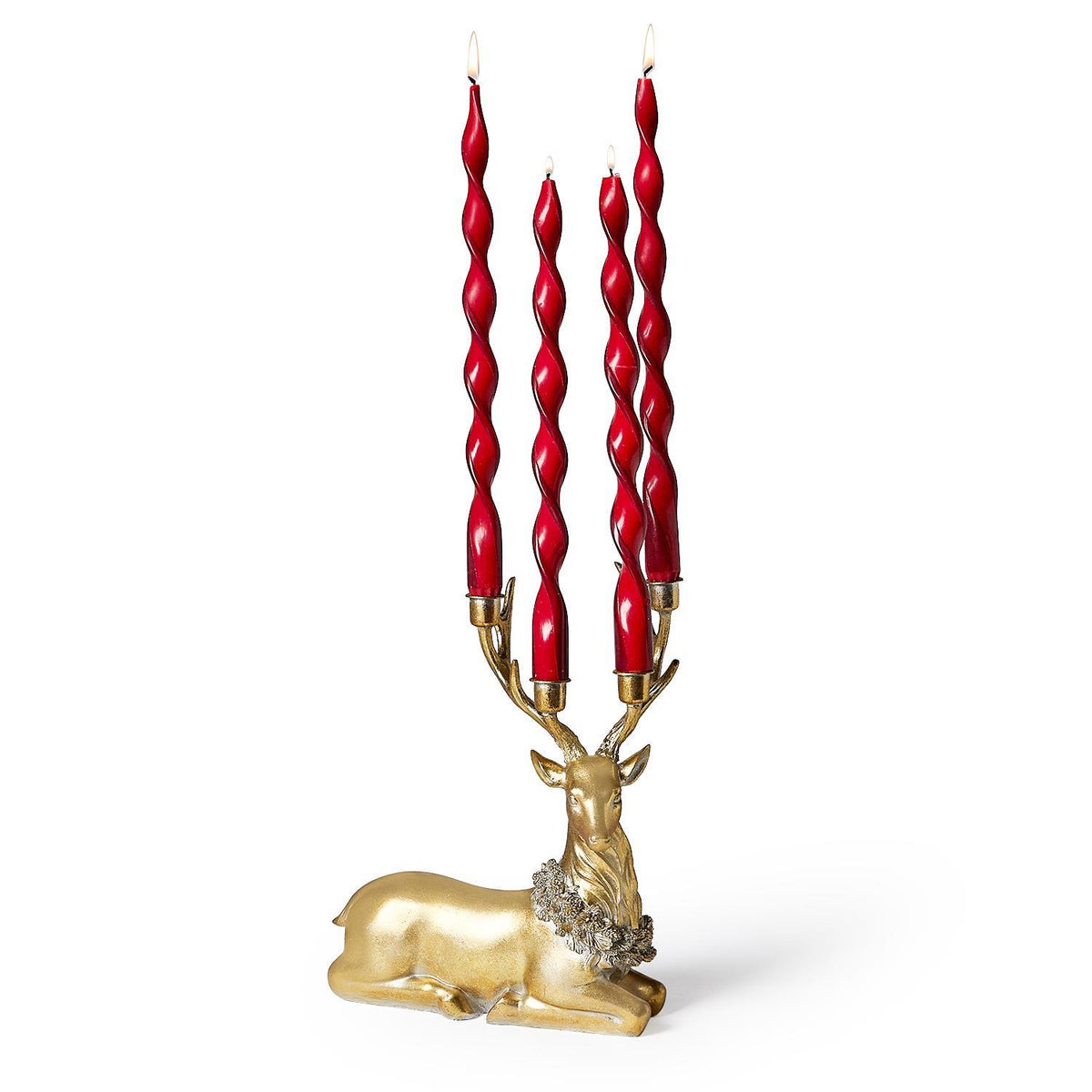 Gold Leaf Deer with Holiday Wreath Taper Candleholder / Centerpiece