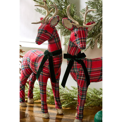 Holiday Tartan Deer with Velvet Bow and Glitter Accents