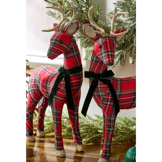 Holiday Tartan Deer with Velvet Bow and Glitter Accents