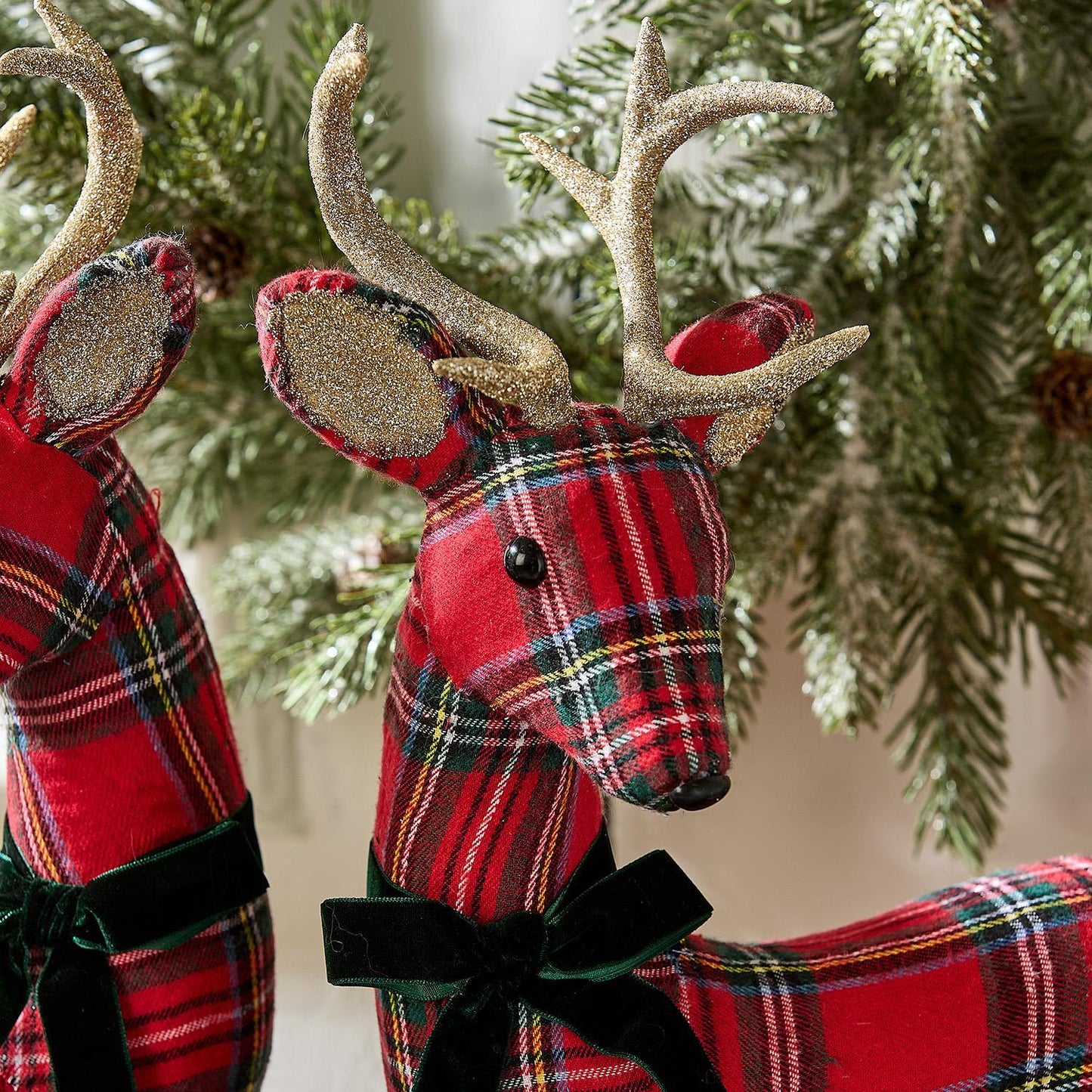 Holiday Tartan Deer with Velvet Bow and Glitter Accents
