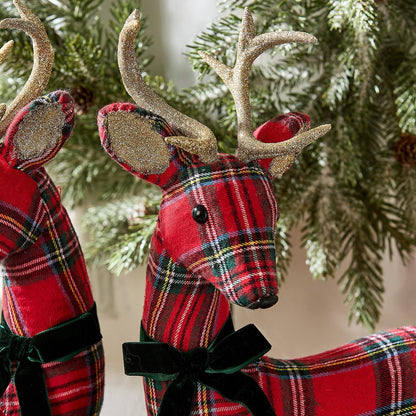 Holiday Tartan Deer with Velvet Bow and Glitter Accents