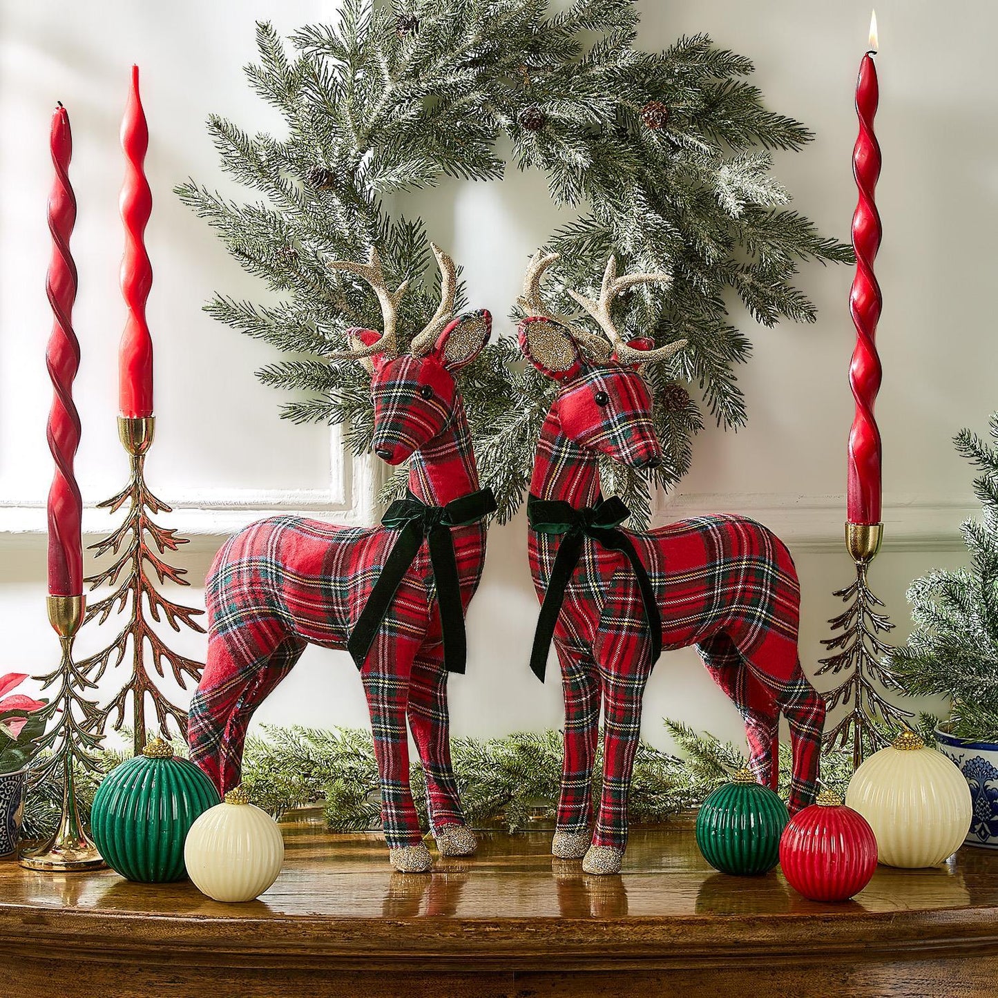 Holiday Tartan Deer with Velvet Bow and Glitter Accents