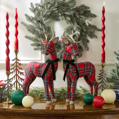 Holiday Tartan Deer with Velvet Bow and Glitter Accents