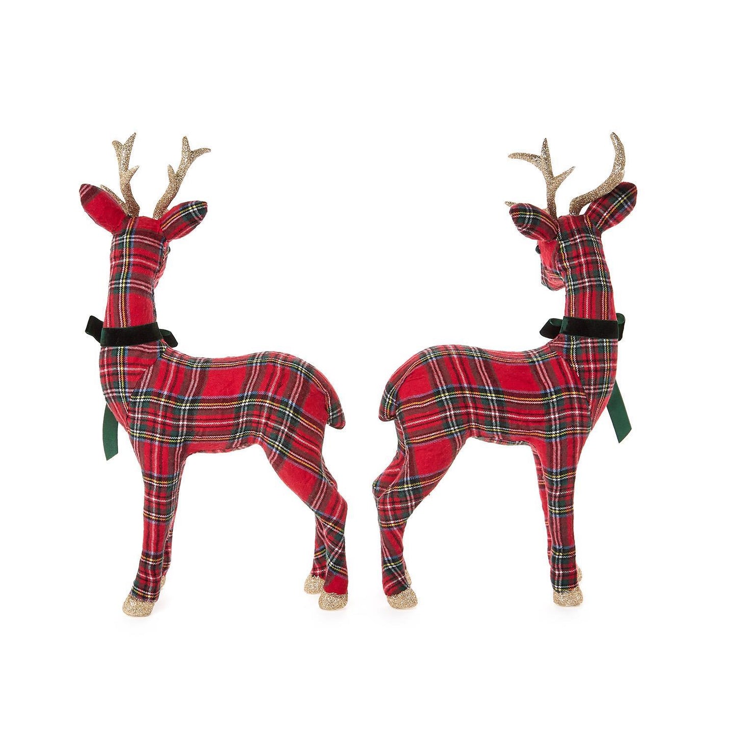 Holiday Tartan Deer with Velvet Bow and Glitter Accents