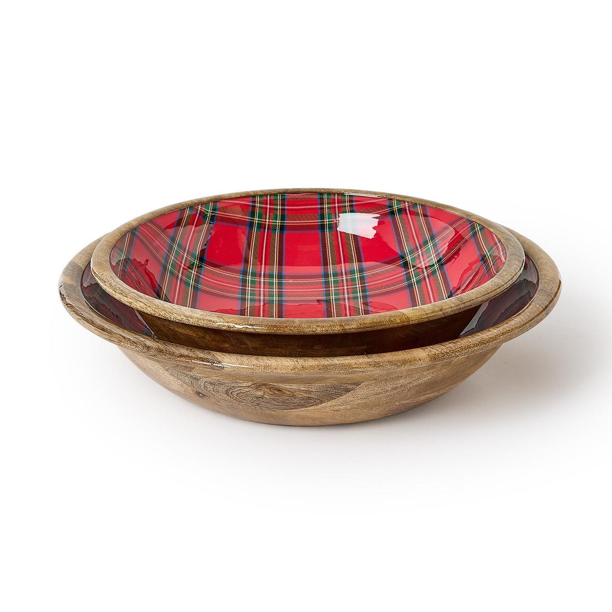 Tartan Traditions set of 2 nesting wood bowls with red tartan plaid enamel interior