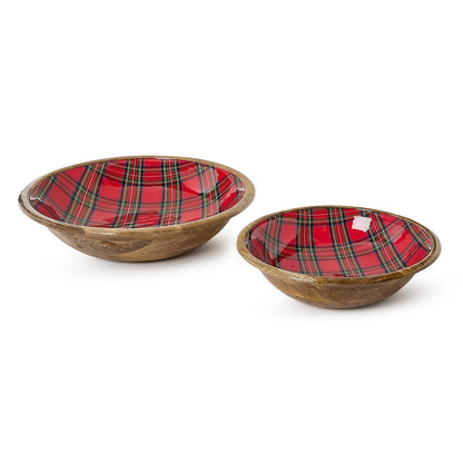 Two red plaid enamel and wood round bowls side by side, large and small