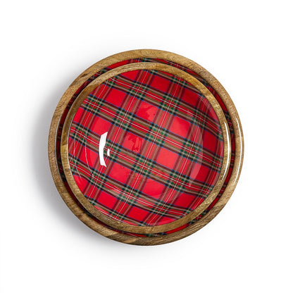 Tartan Traditions hand-crafted wood round bowl with red plaid enamel
