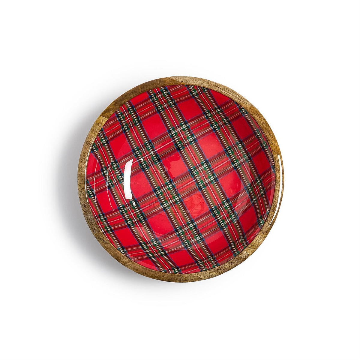 Top view of red tartan plaid enamel interior in a wood bowl