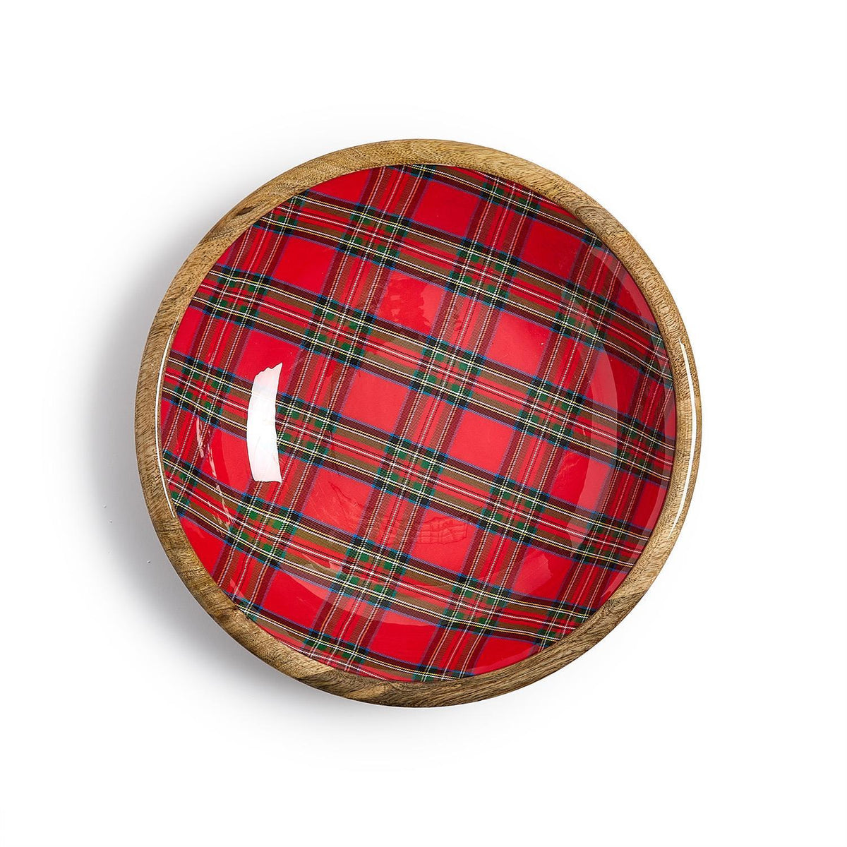 Tartan plaid wood bowls styled as Christmas holiday decor