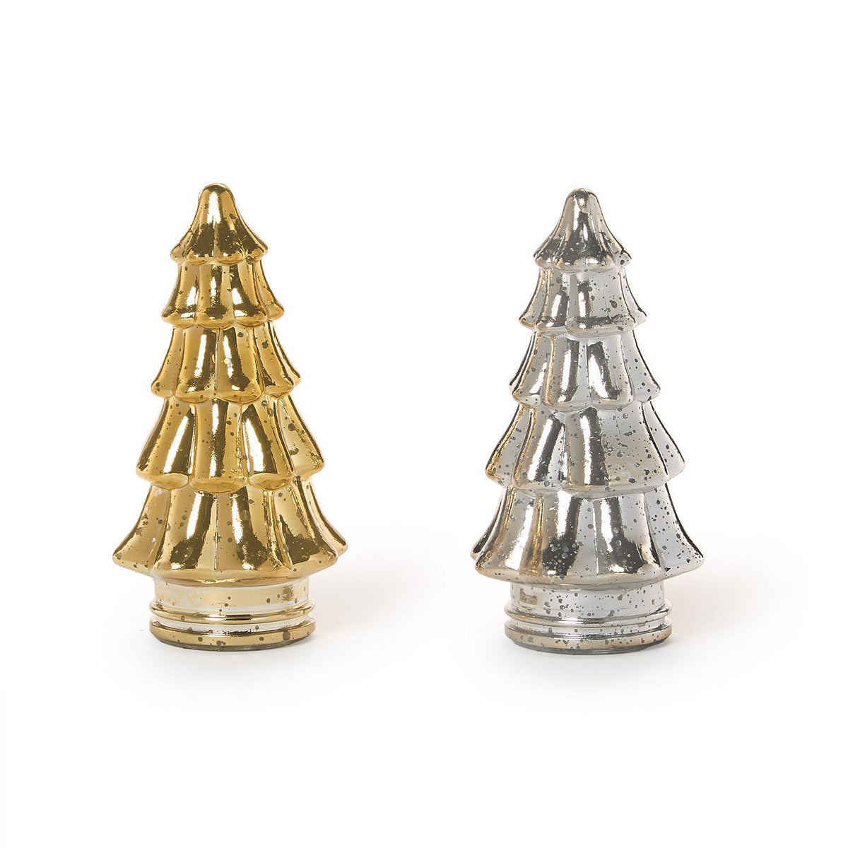 Two mini mercury glass Christmas trees in gold and silver