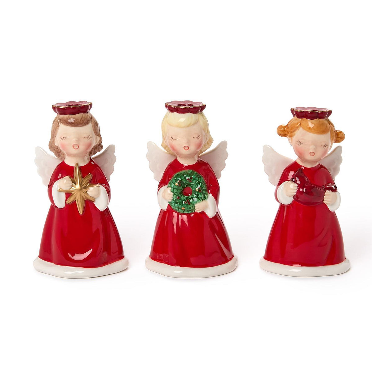 Front view of the star, wreath and cardinal angel candleholders