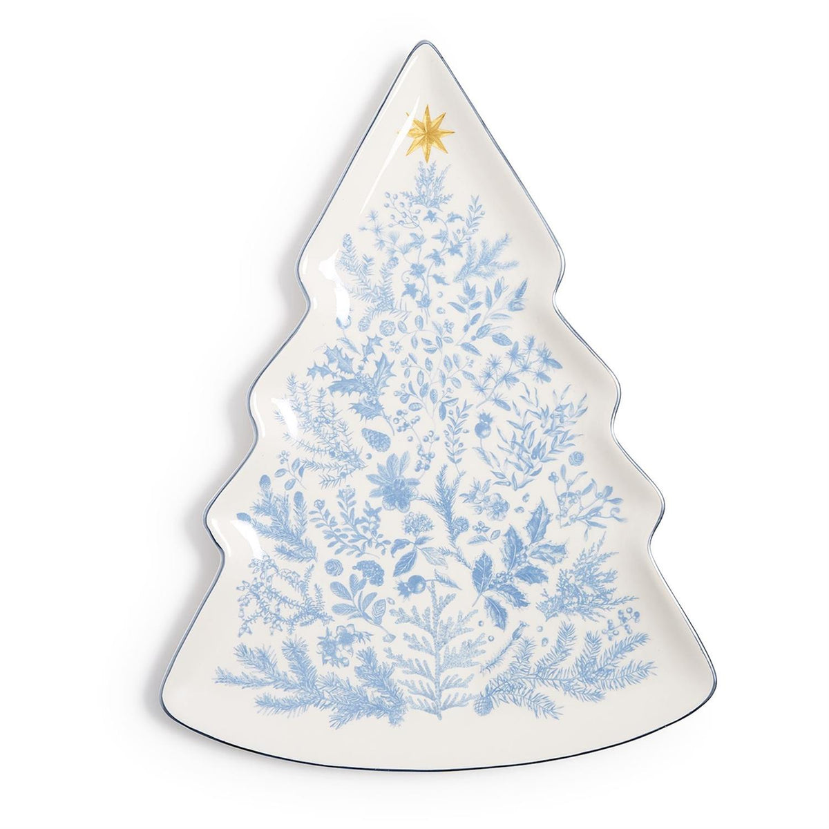 Christmas tree shaped plate with blue botanical print, blue rim and gold star