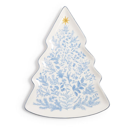 Christmas tree shaped plate with blue botanical print, blue rim and gold star
