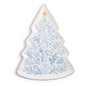 Christmas tree shaped plate with blue botanical print, blue rim and gold star
