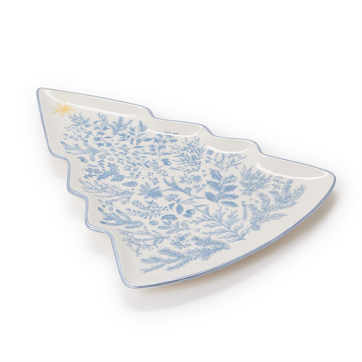 Detail of the blue botanical pattern on the Christmas tree plate