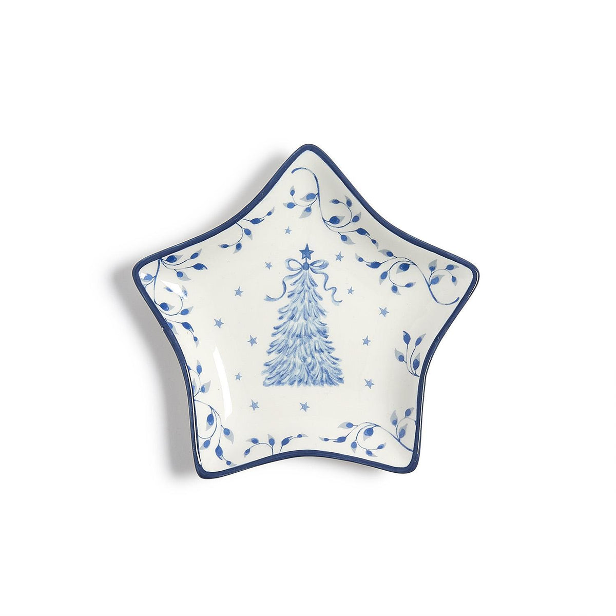 Blue and white porcelain star-shaped tidbit dish with Christmas tree design