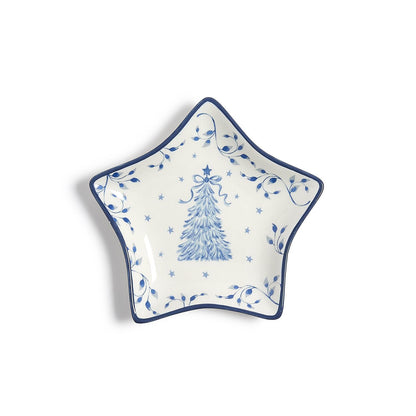 Blue and white porcelain star-shaped tidbit dish with Christmas tree design