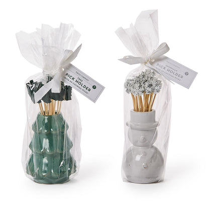 Christmas tree and snowman pick holders gift wrapped in cello bags with ribbon