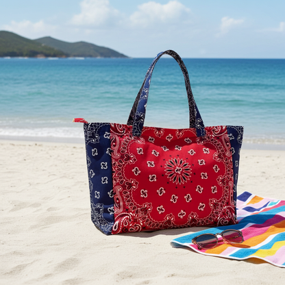 Bailey Red/Navy Bandana Print Canvas Tote