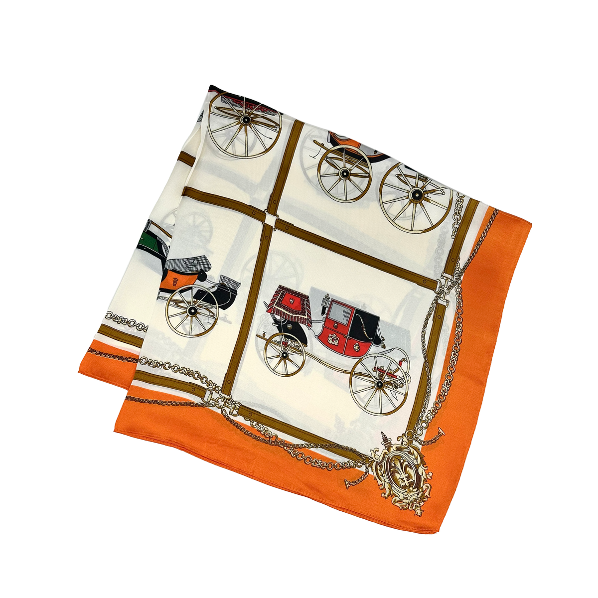 Fornash Equestrian Square Scarf 8001 in orange - 27 inch carriage and bridle print scarf