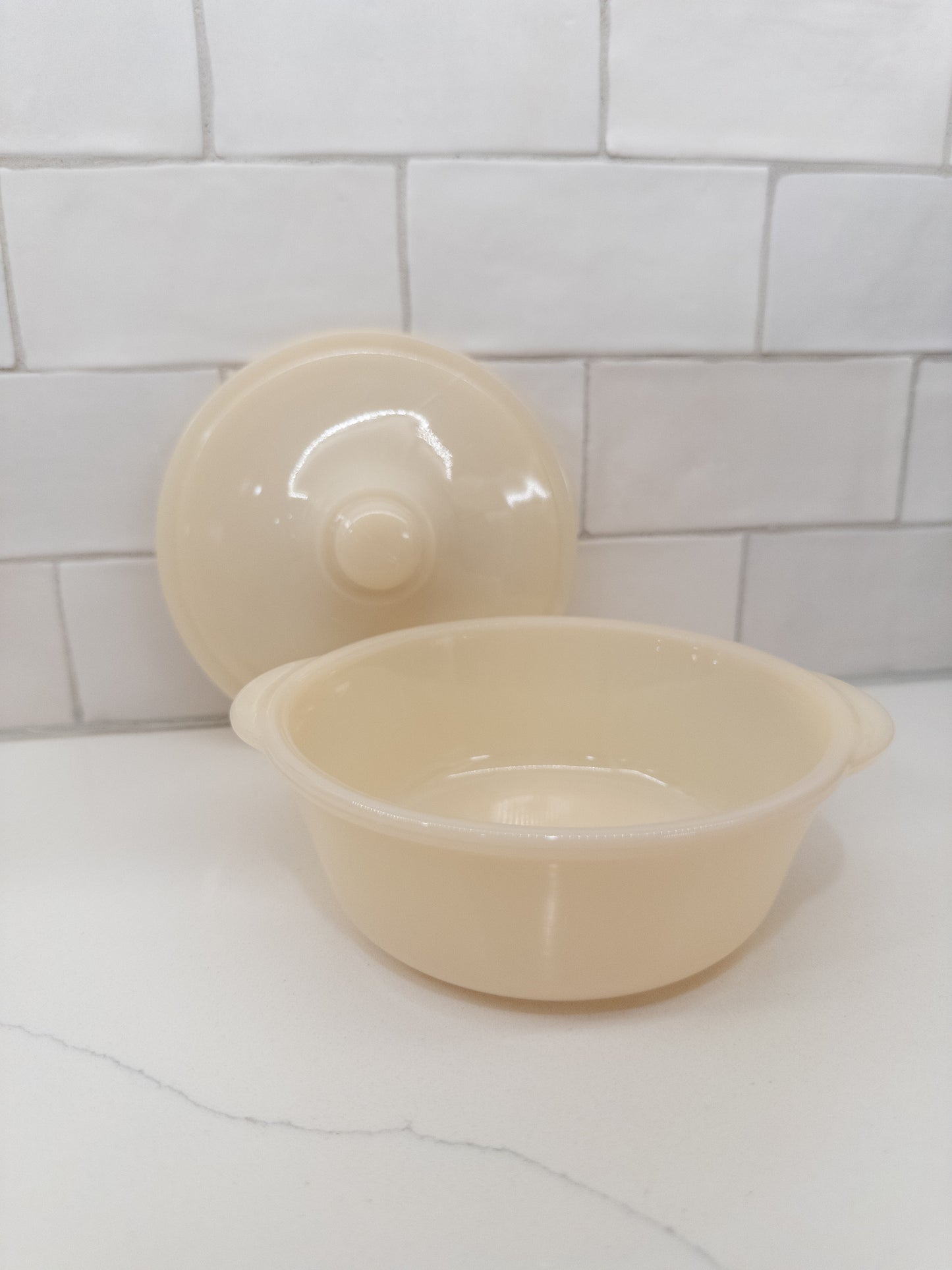 Vintage Fire King Ivory Philbe Glass Lidded Casserole Dish