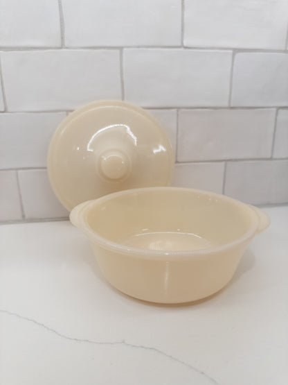 Vintage Fire King Ivory Philbe Glass Lidded Casserole Dish