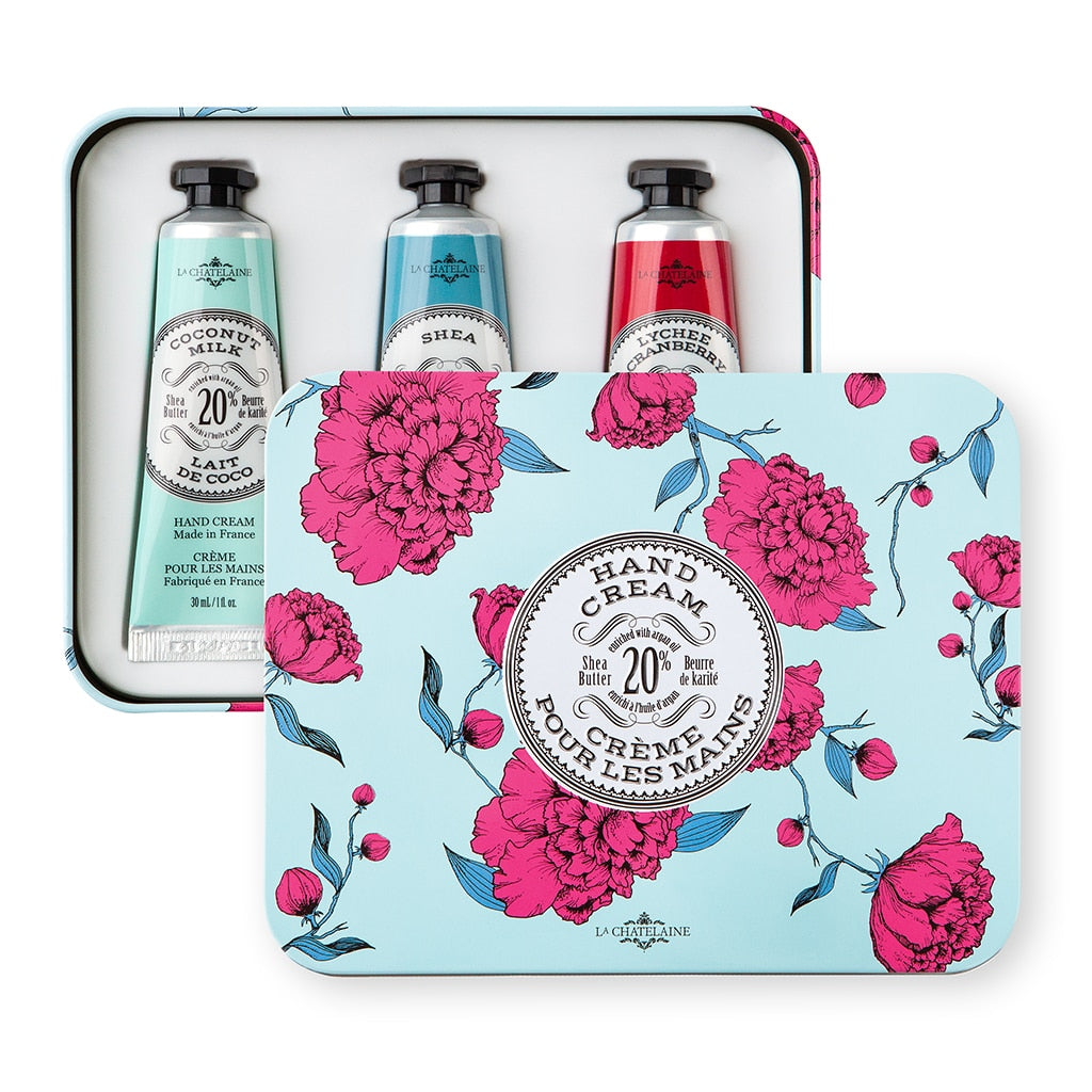 La Chatelaine Hand Cream Trio Aqua Tin (Coconut Milk, Shea, Cranberry)