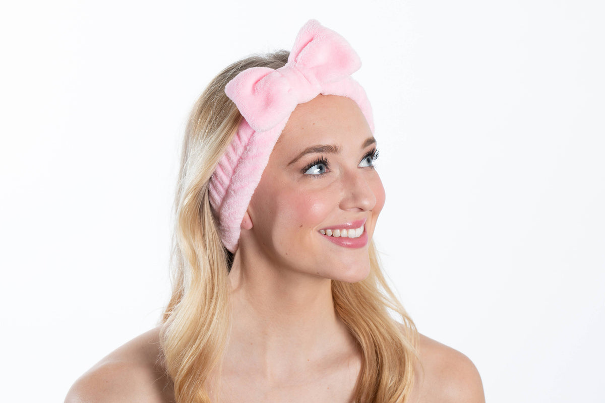 Pink Plush Bow Soft Headband 2pc Plush Spa Headband Set – puttisu-usa main image 4