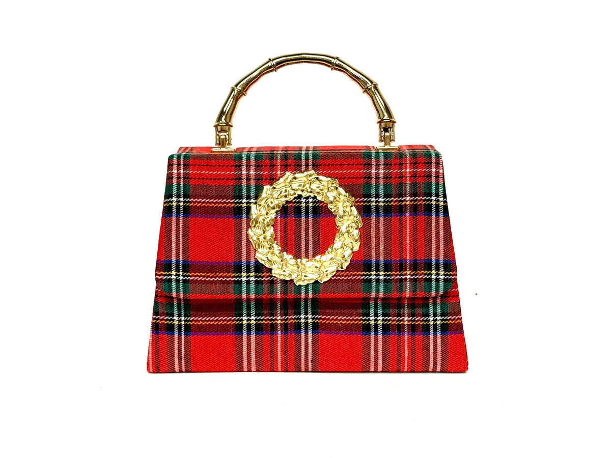 Red Plaid Lulu with Gold Bamboo Handle, Gold Charms