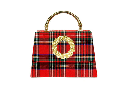 Red Plaid Lulu with Gold Bamboo Handle, Gold Charms