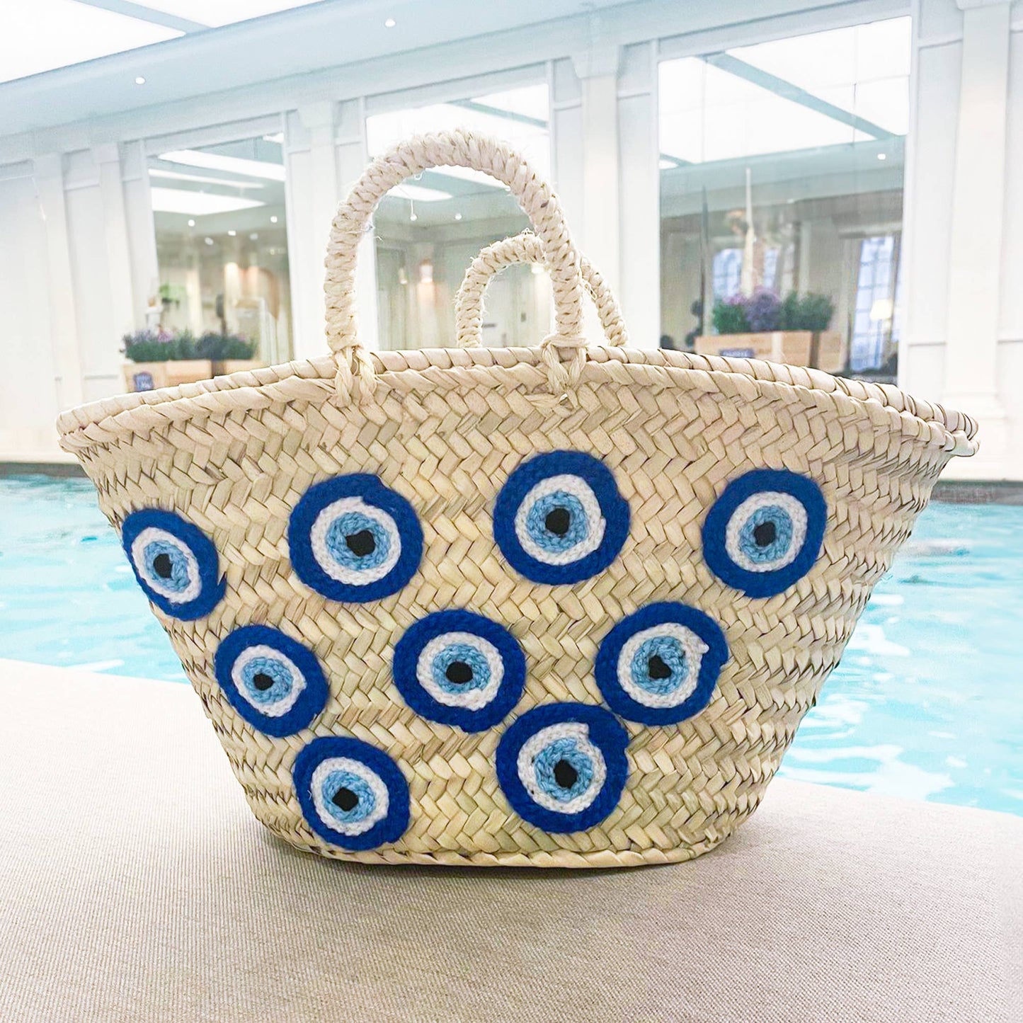 Handmade Moroccan Basket with Blue Evil Eyes